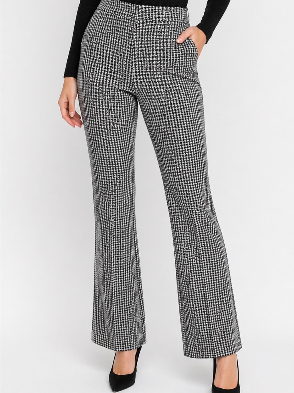 Anthro Cartonnier Houndstooth Flare Pants Womens M Black White Retro Chic
